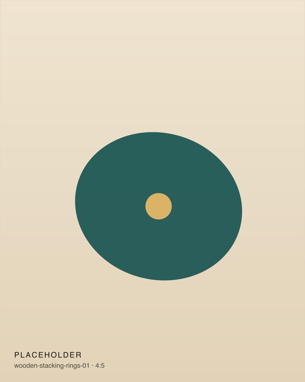 Five turned wooden rings in graded sizes stacked on a rounded post, finished in lac colours.